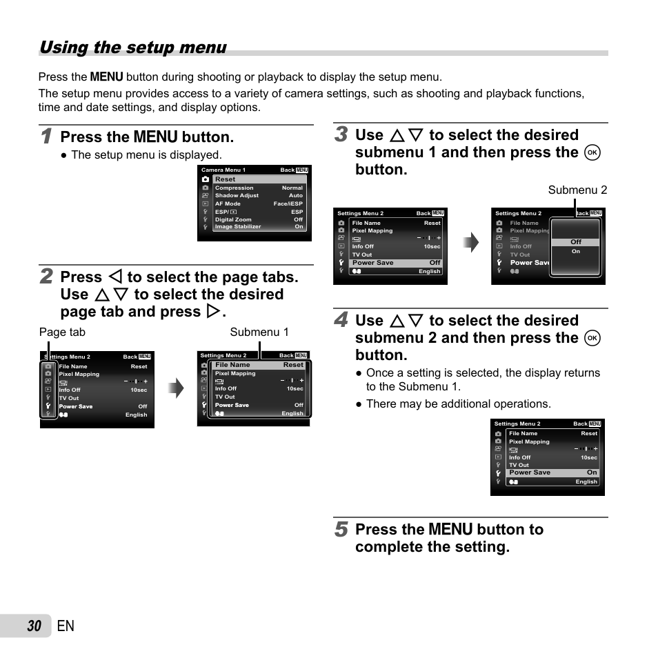 Using the setup menu, 30 en, Press the  button | Press the  button to complete the setting, The setup menu is displayed, Page tab, Submenu 1, Submenu 2 | Olympus TG-2 iHS User Manual | Page 30 / 107