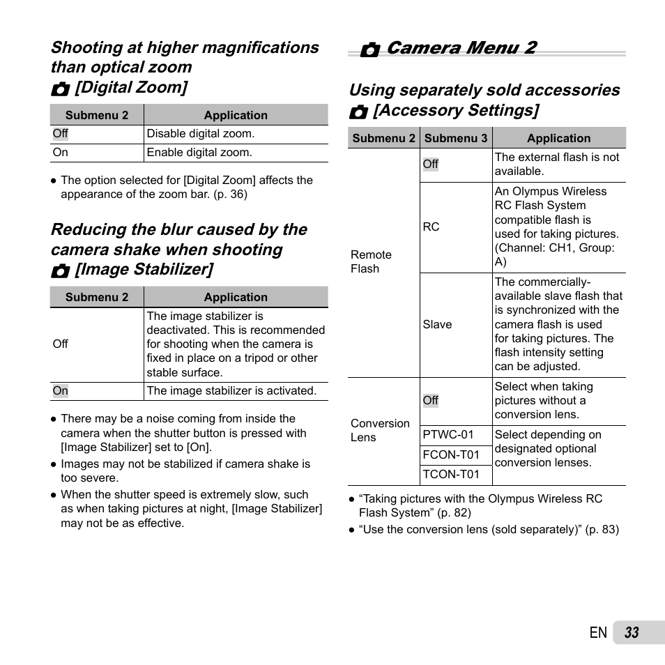 Zcamera menu 2, 33 en | Olympus TG-2 iHS User Manual | Page 33 / 107