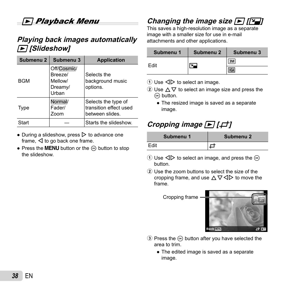 Q playback menu, Playing back images automatically, Changing the image size | Changing the image size q q [ [ q q, Cropping image, Cropping image q q [ [ p p, 38 en | Olympus TG-2 iHS User Manual | Page 38 / 107