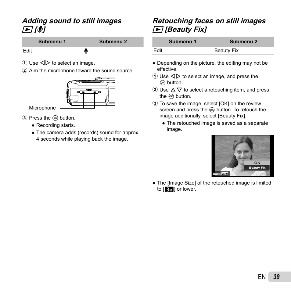 Adding sound to still images, Adding sound to still images q q [ [ r r, Retouching faces on still images | 39 en | Olympus TG-2 iHS User Manual | Page 39 / 107