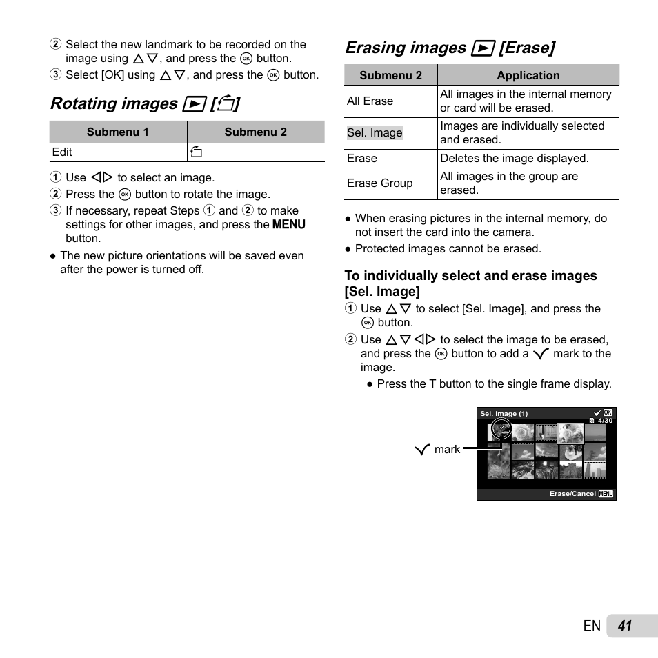 Rotating images, Rotating images q q [ [ y y, Erasing images | Erasing images q q [erase] [erase, 41 en | Olympus TG-2 iHS User Manual | Page 41 / 107