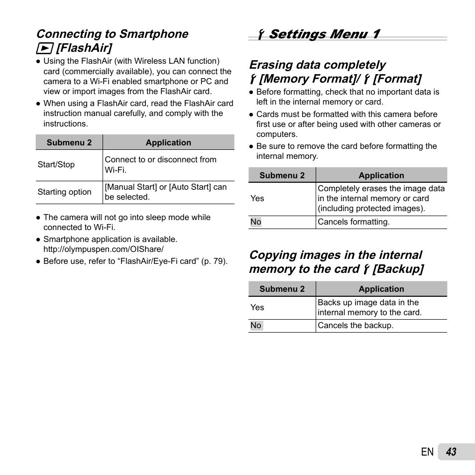 Dsettings menu 1, Connecting to smartphone, Connecting to smartphone q q [flashair] [flashair | Erasing data completely | Olympus TG-2 iHS User Manual | Page 43 / 107