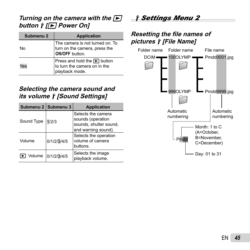 Dsettings menu 2, Turning on the camera with the | Olympus TG-2 iHS User Manual | Page 45 / 107