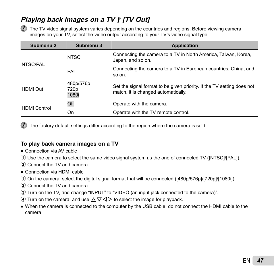 Playing back images on a tv, Playing back images on a tv dd [tv out] [tv out, 47 en | Olympus TG-2 iHS User Manual | Page 47 / 107