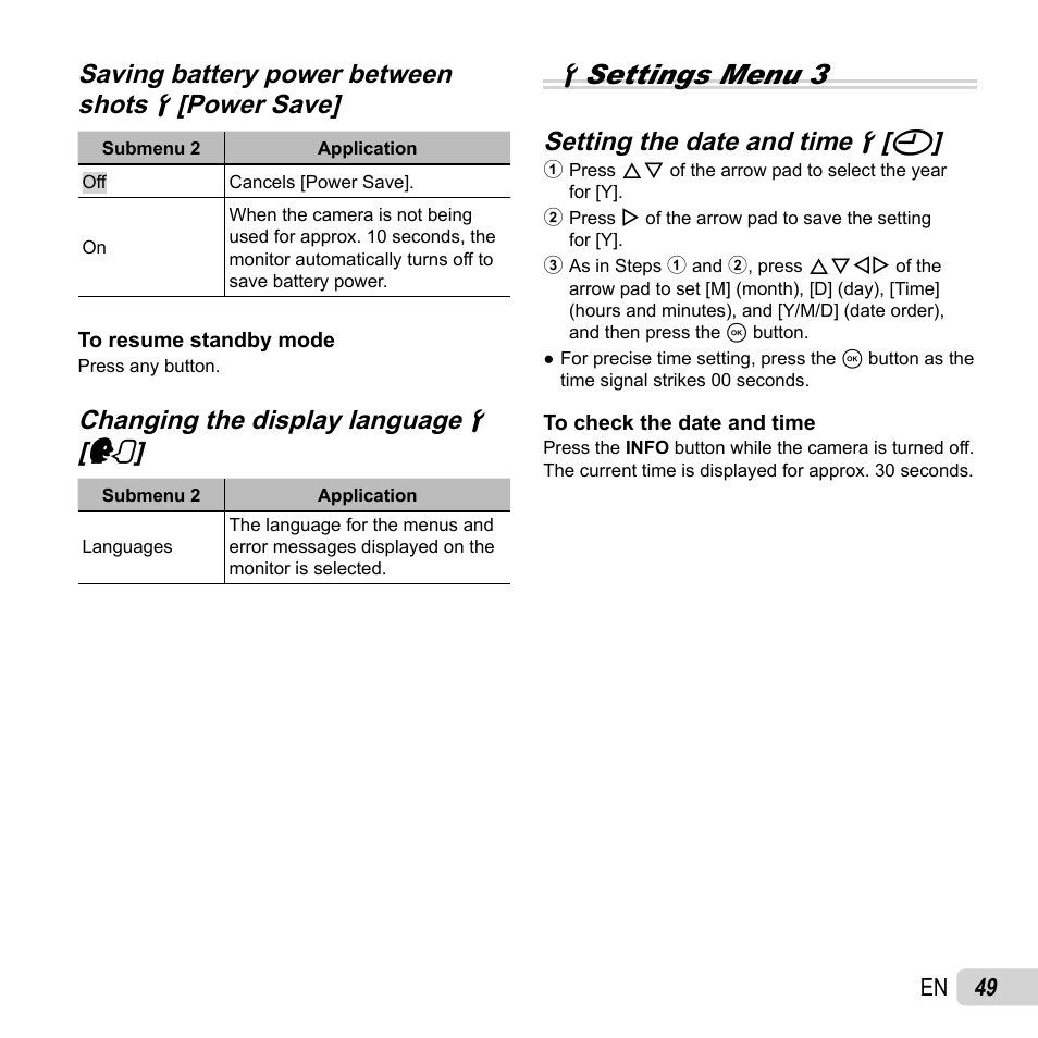 Dsettings menu 3, Changing the display language, Changing the display language dd [[ l l | Setting the date and time, Setting the date and time dd [ [ x x | Olympus TG-2 iHS User Manual | Page 49 / 107