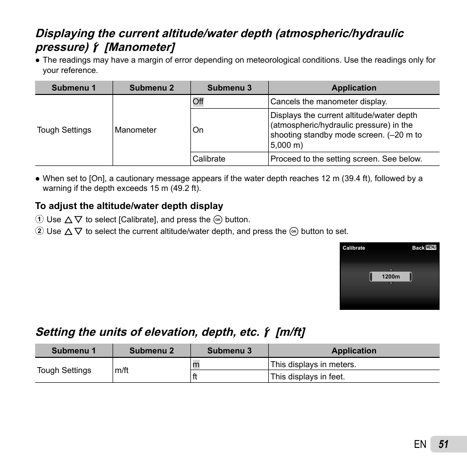 Setting the units of elevation, depth, etc, 51 en | Olympus TG-2 iHS User Manual | Page 51 / 107