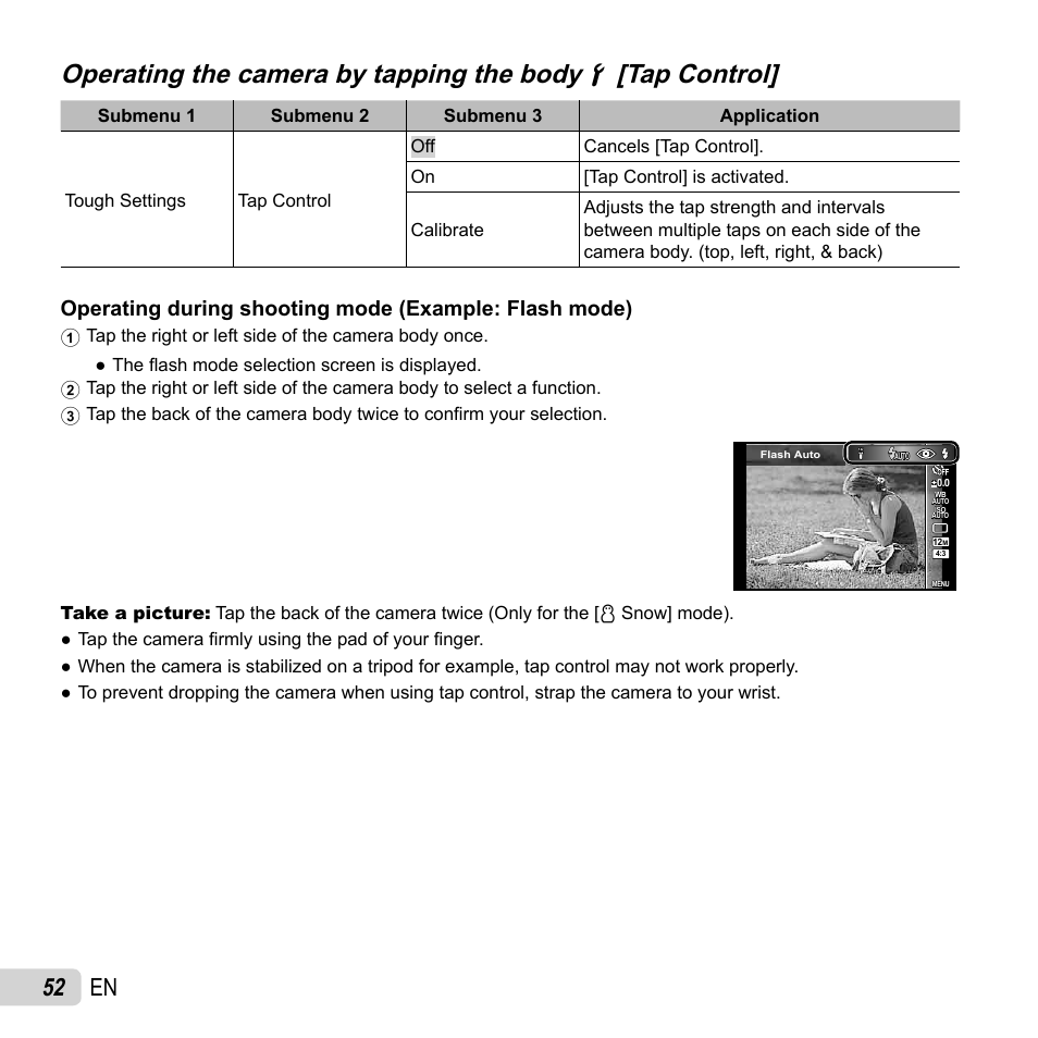 Operating the camera by tapping the body, 52 en | Olympus TG-2 iHS User Manual | Page 52 / 107