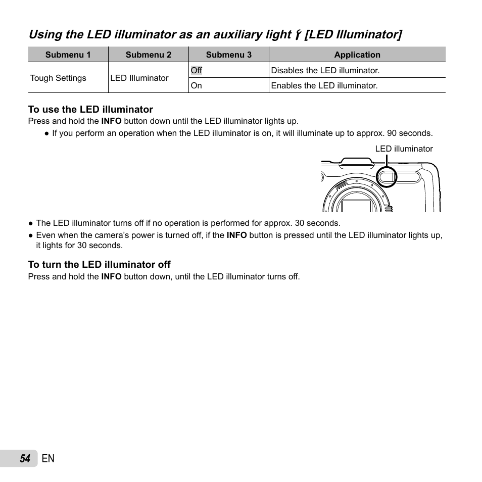 Using the led illuminator as an auxiliary light, 54 en | Olympus TG-2 iHS User Manual | Page 54 / 107