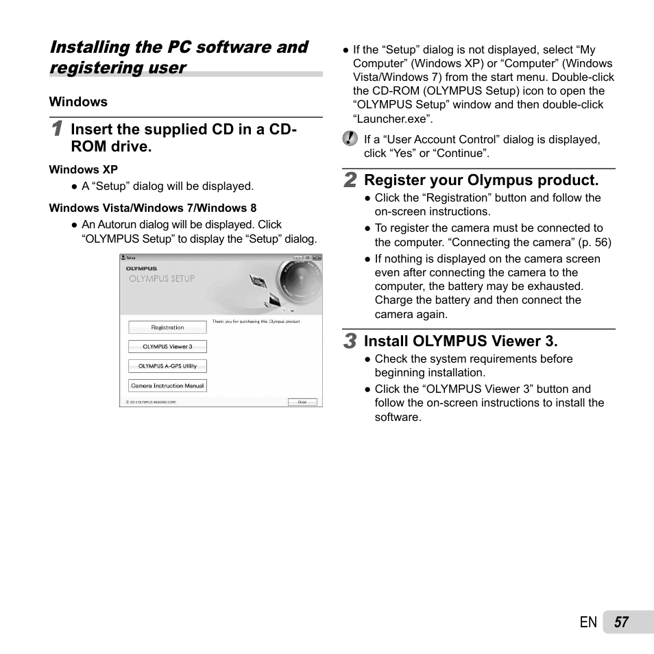 Installing the pc software and registering user, 57 en, Insert the supplied cd in a cd- rom drive | Register your olympus product, Install olympus viewer 3 | Olympus TG-2 iHS User Manual | Page 57 / 107