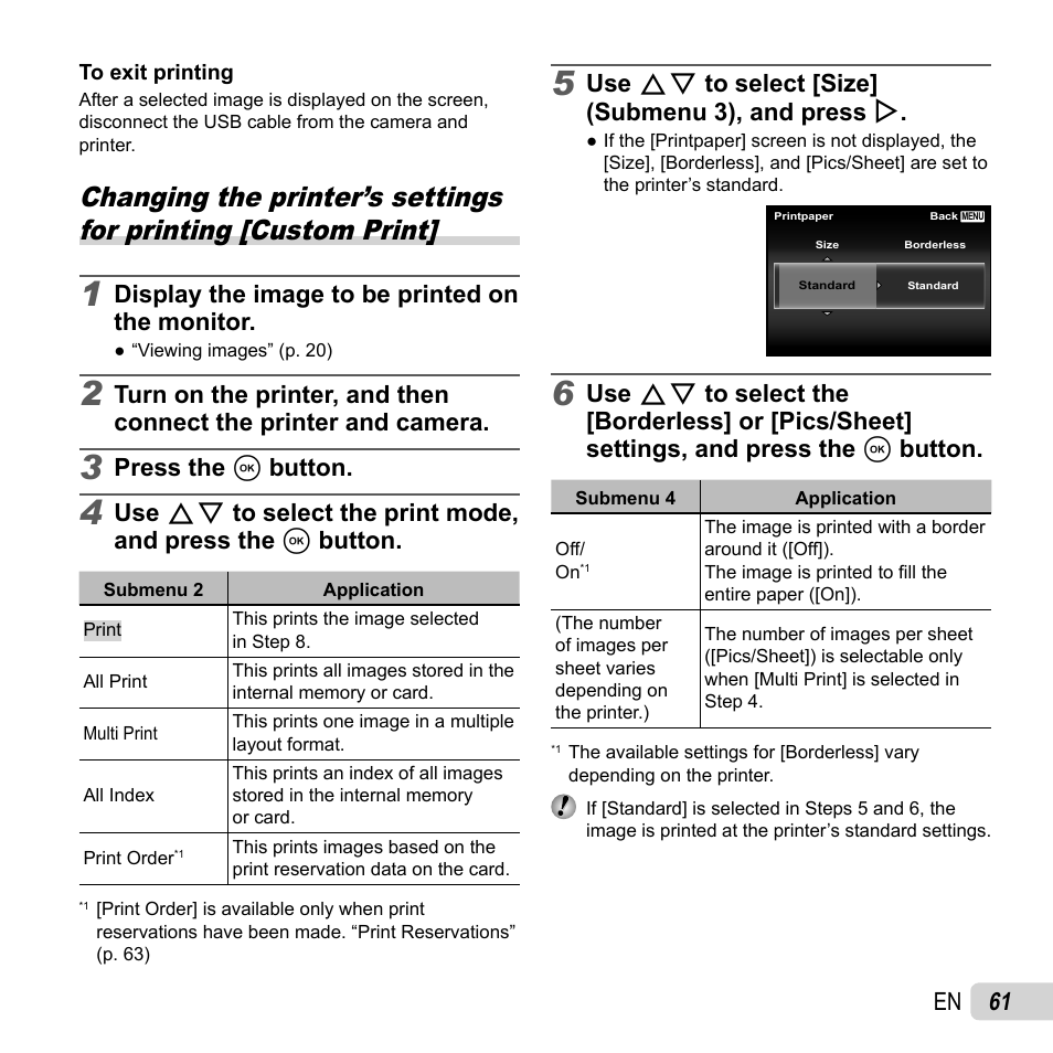 61 en, Display the image to be printed on the monitor, Press the a button | Use fg to select [size] (submenu 3), and press i | Olympus TG-2 iHS User Manual | Page 61 / 107