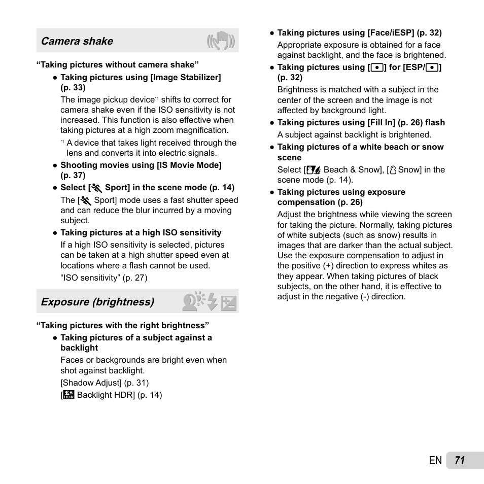 71 en, Camera shake, Exposure (brightness) | Olympus TG-2 iHS User Manual | Page 71 / 107
