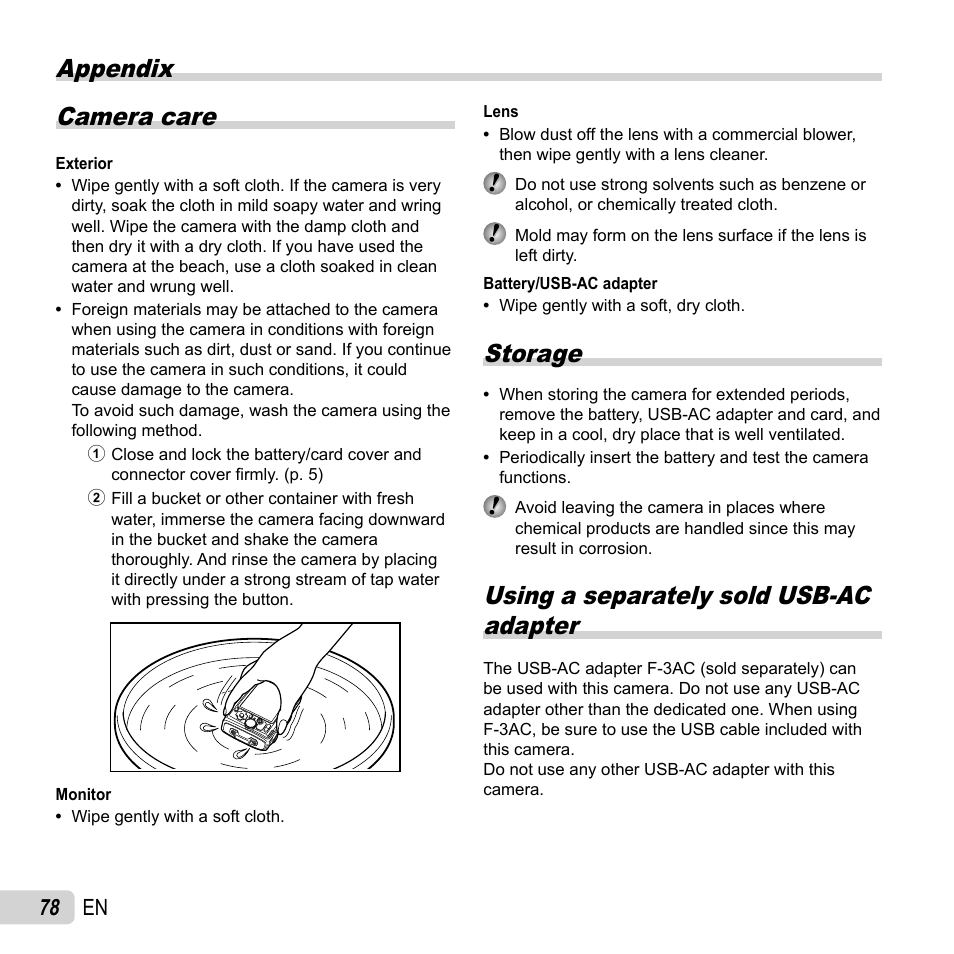 Appendix, Appendix camera care, Storage | Using a separately sold usb-ac adapter, 78 en | Olympus TG-2 iHS User Manual | Page 78 / 107