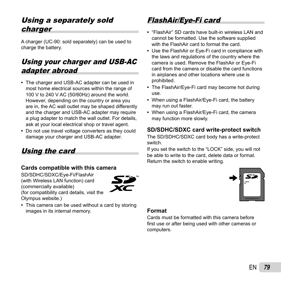 Using a separately sold charger, Using your charger and usb-ac adapter abroad, Using the card | Flashair/eye-fi card, 79 en | Olympus TG-2 iHS User Manual | Page 79 / 107