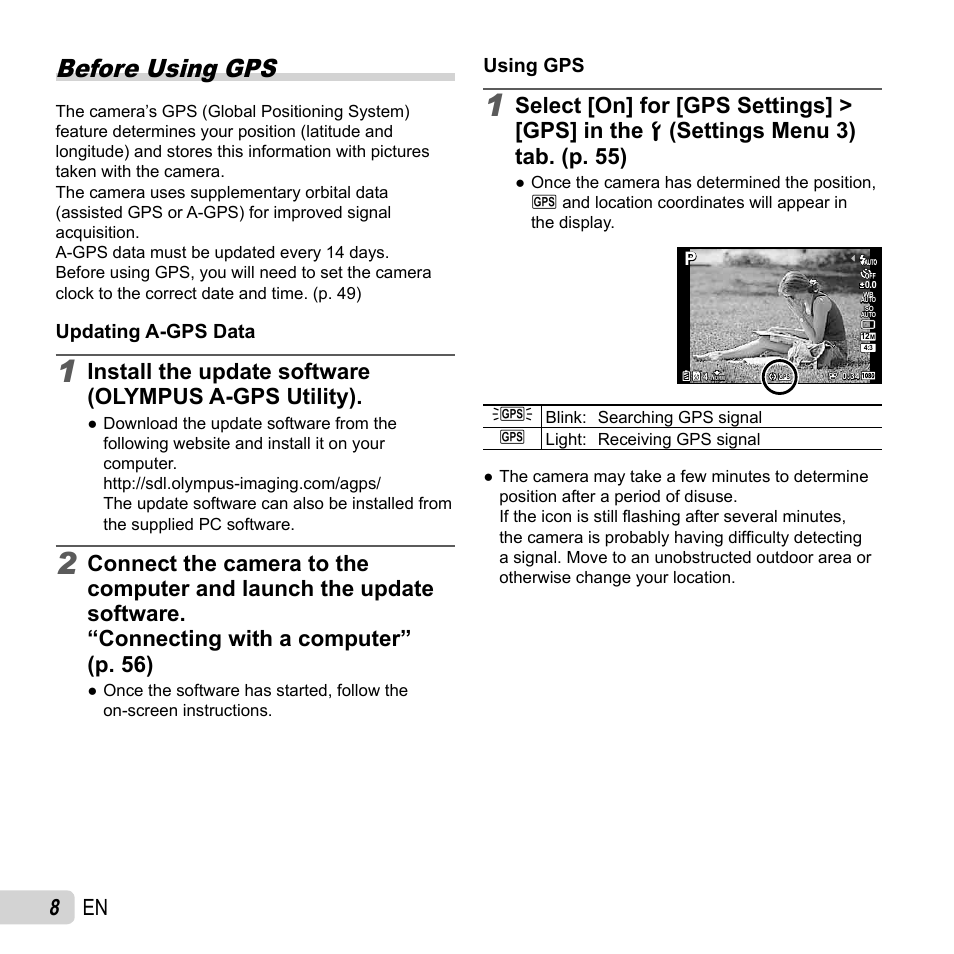 Before using gps, 8 en, Updating a-gps data | Using gps | Olympus TG-2 iHS User Manual | Page 8 / 107