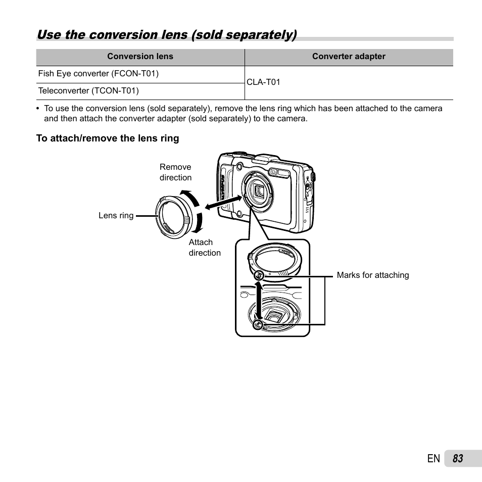 Use the conversion lens (sold separately), 83 en | Olympus TG-2 iHS User Manual | Page 83 / 107