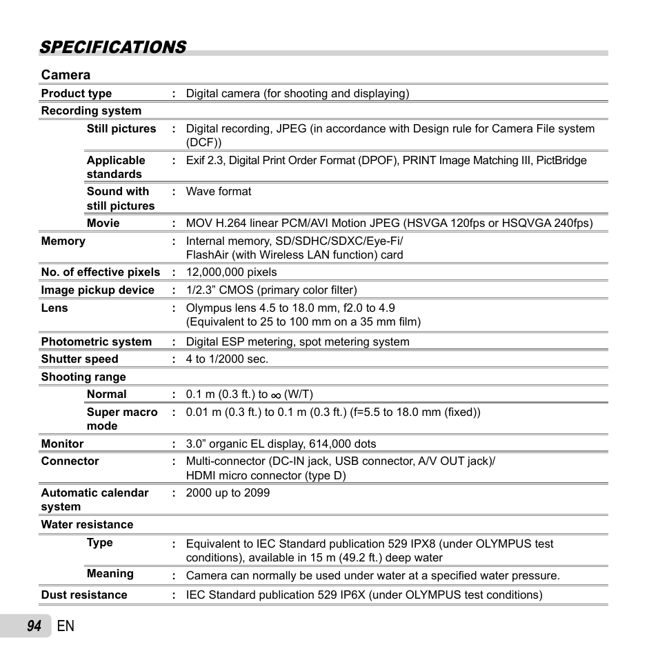 Specifications, 94 en | Olympus TG-2 iHS User Manual | Page 94 / 107