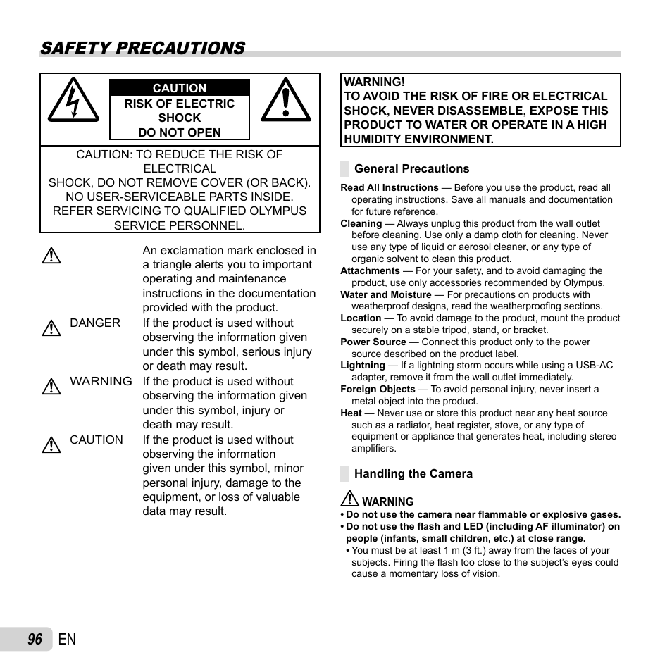 Safety precautions, 96 en | Olympus TG-2 iHS User Manual | Page 96 / 107