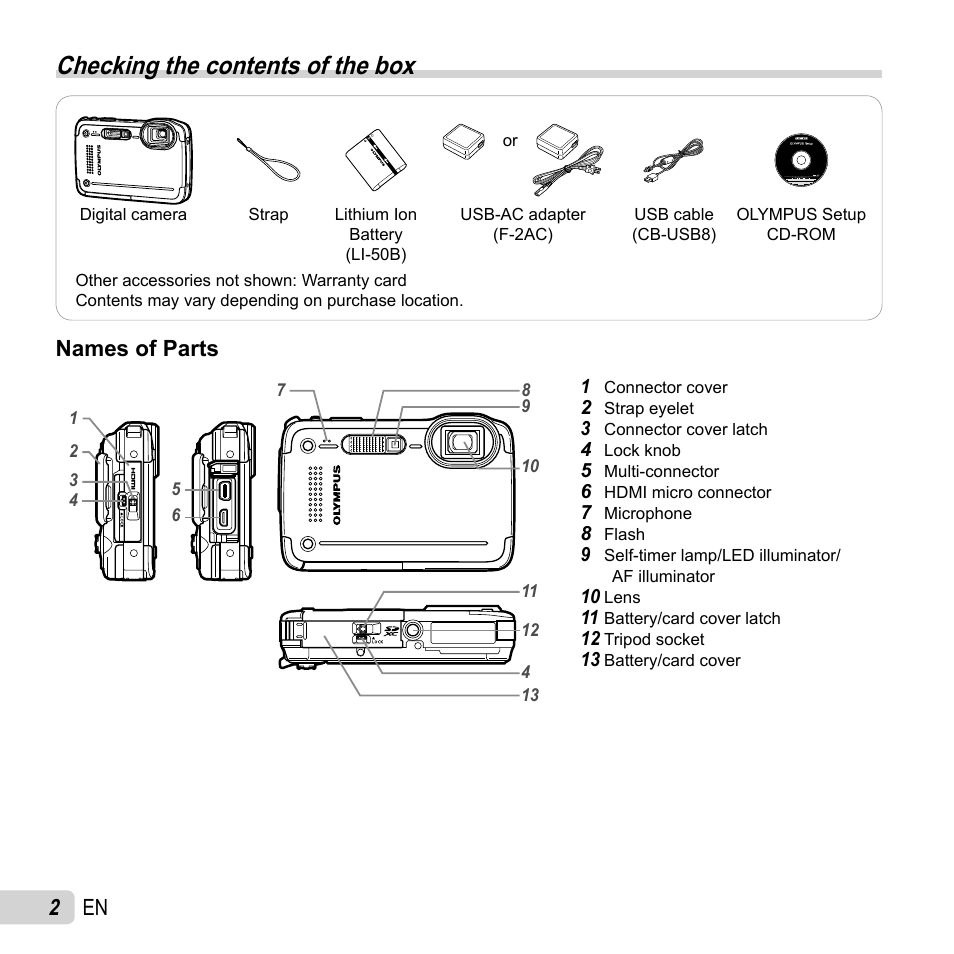 Preparing the camera, Checking the contents of the box, 2 en | Names of parts | Olympus TG-630 iHS User Manual | Page 2 / 89