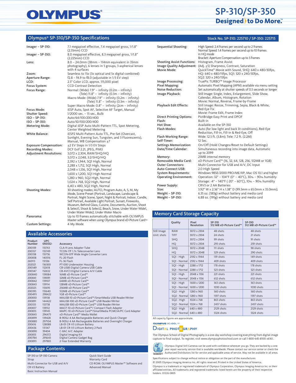 Olympus, Available accessories, Package contents | Olympus SP-310 User Manual | Page 2 / 2