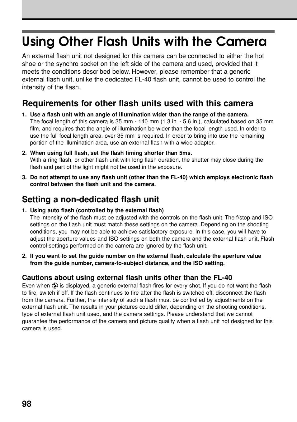 Using other flash units with the camera, Setting a non-dedicated flash unit | Olympus E-20N User Manual | Page 100 / 216