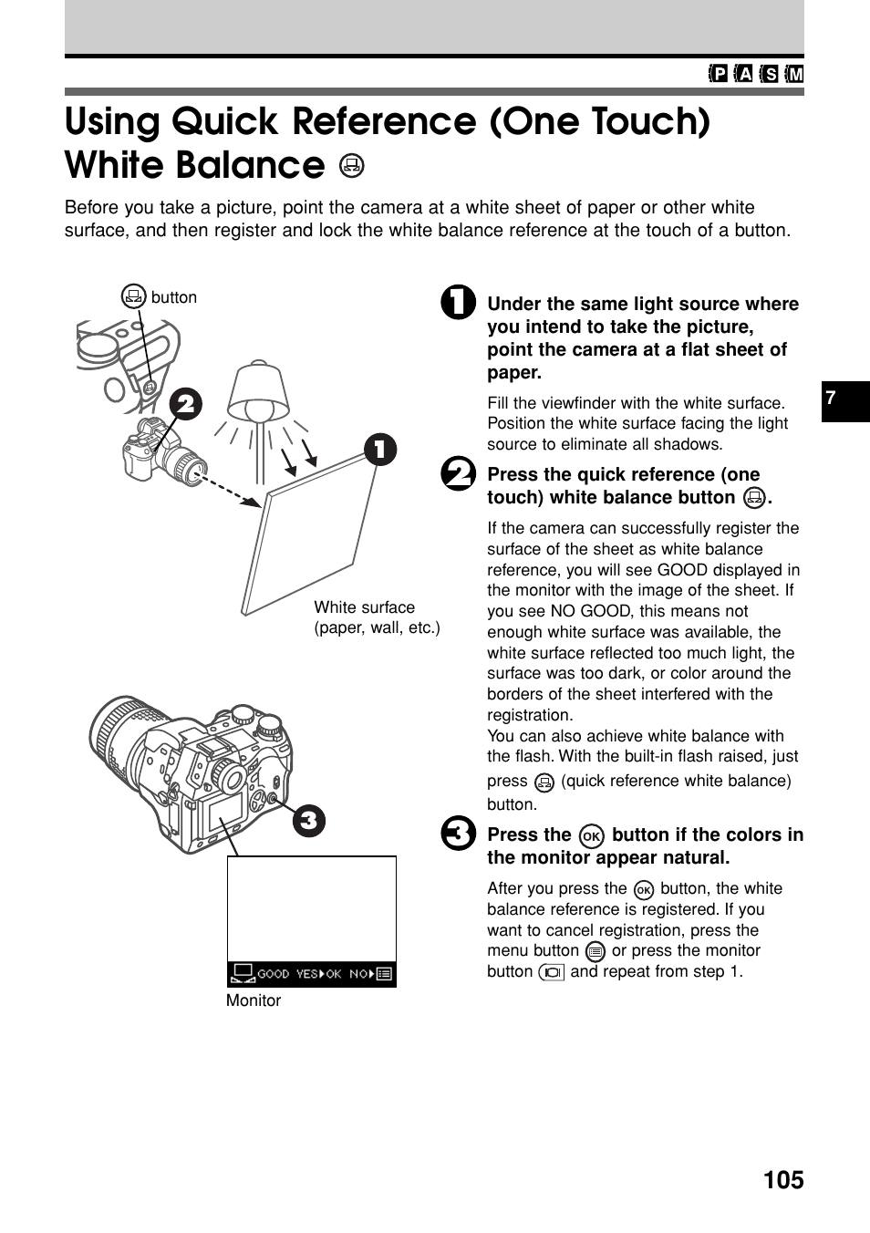 Using quick reference (one touch) white balance | Olympus E-20N User Manual | Page 107 / 216