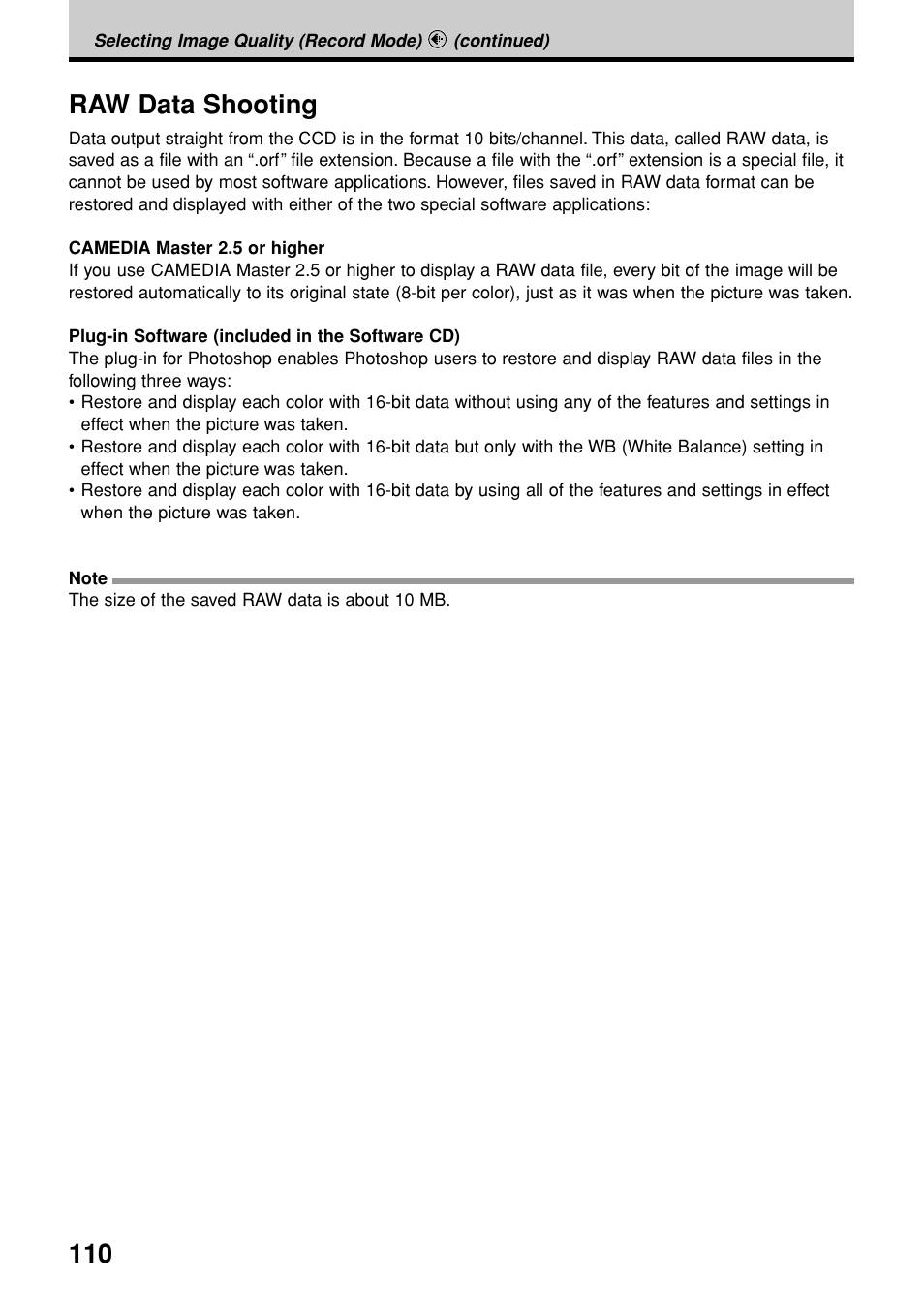 110 raw data shooting | Olympus E-20N User Manual | Page 112 / 216