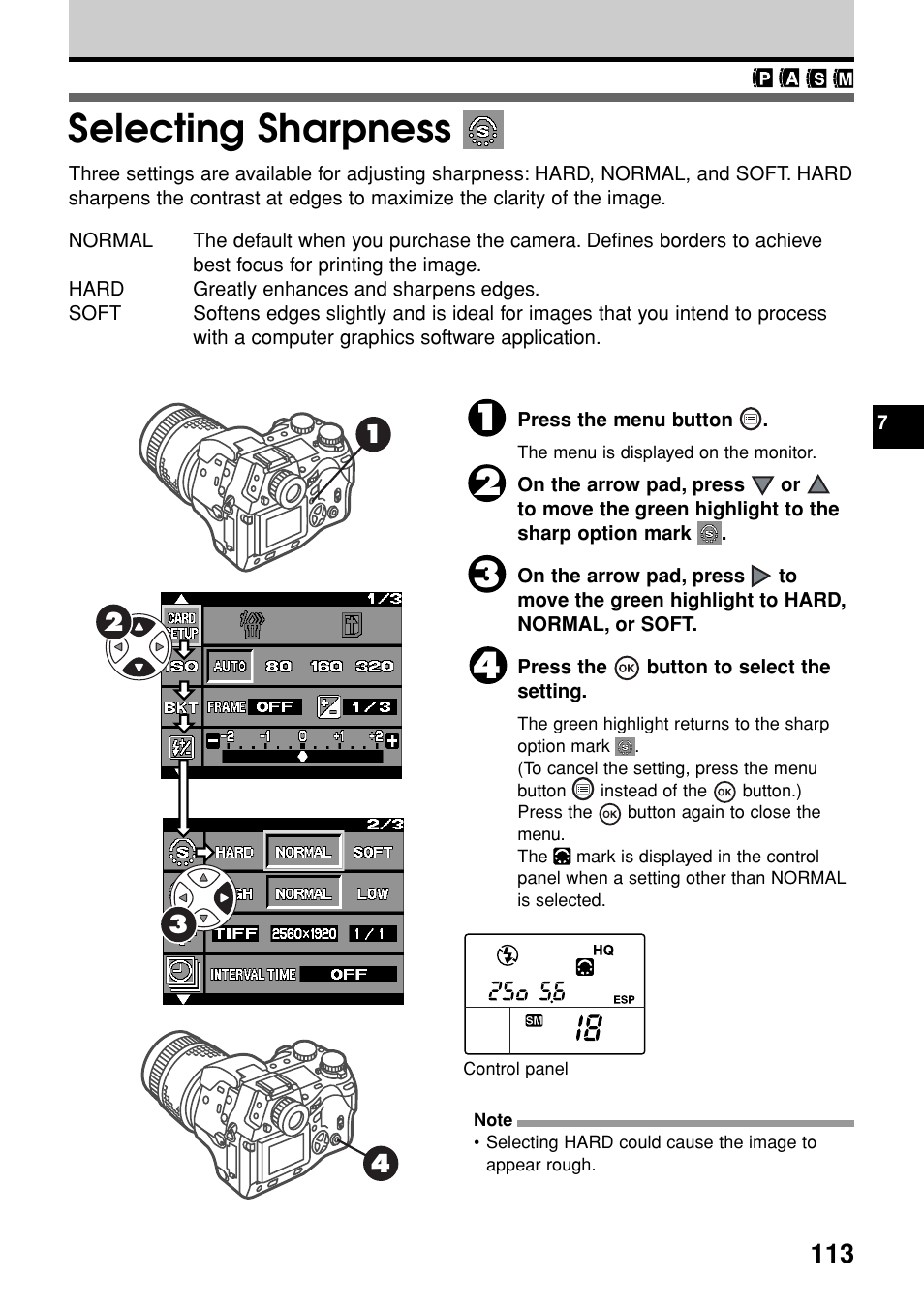 Selecting sharpness | Olympus E-20N User Manual | Page 115 / 216