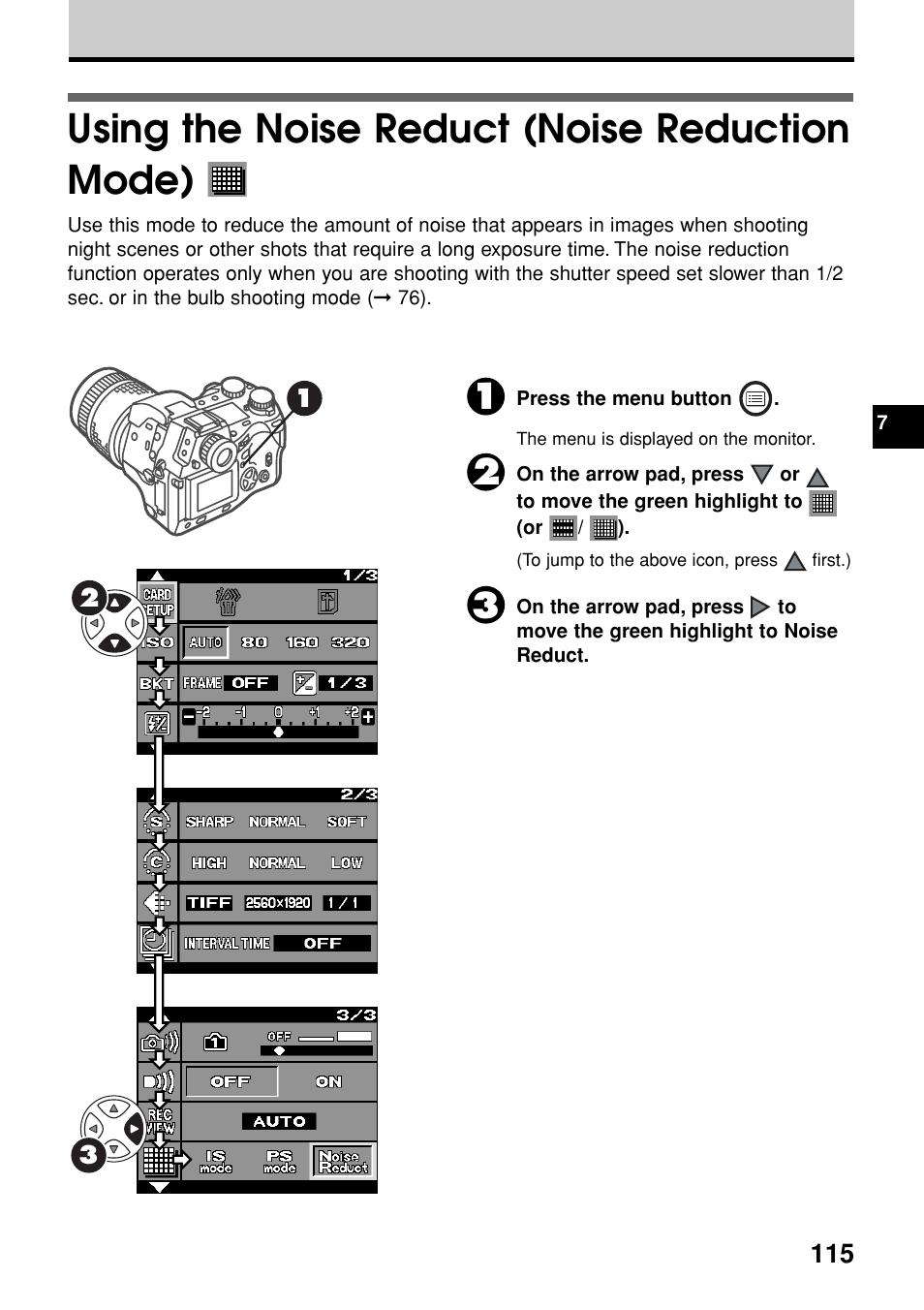 Using the noise reduct (noise reduction mode) | Olympus E-20N User Manual | Page 117 / 216