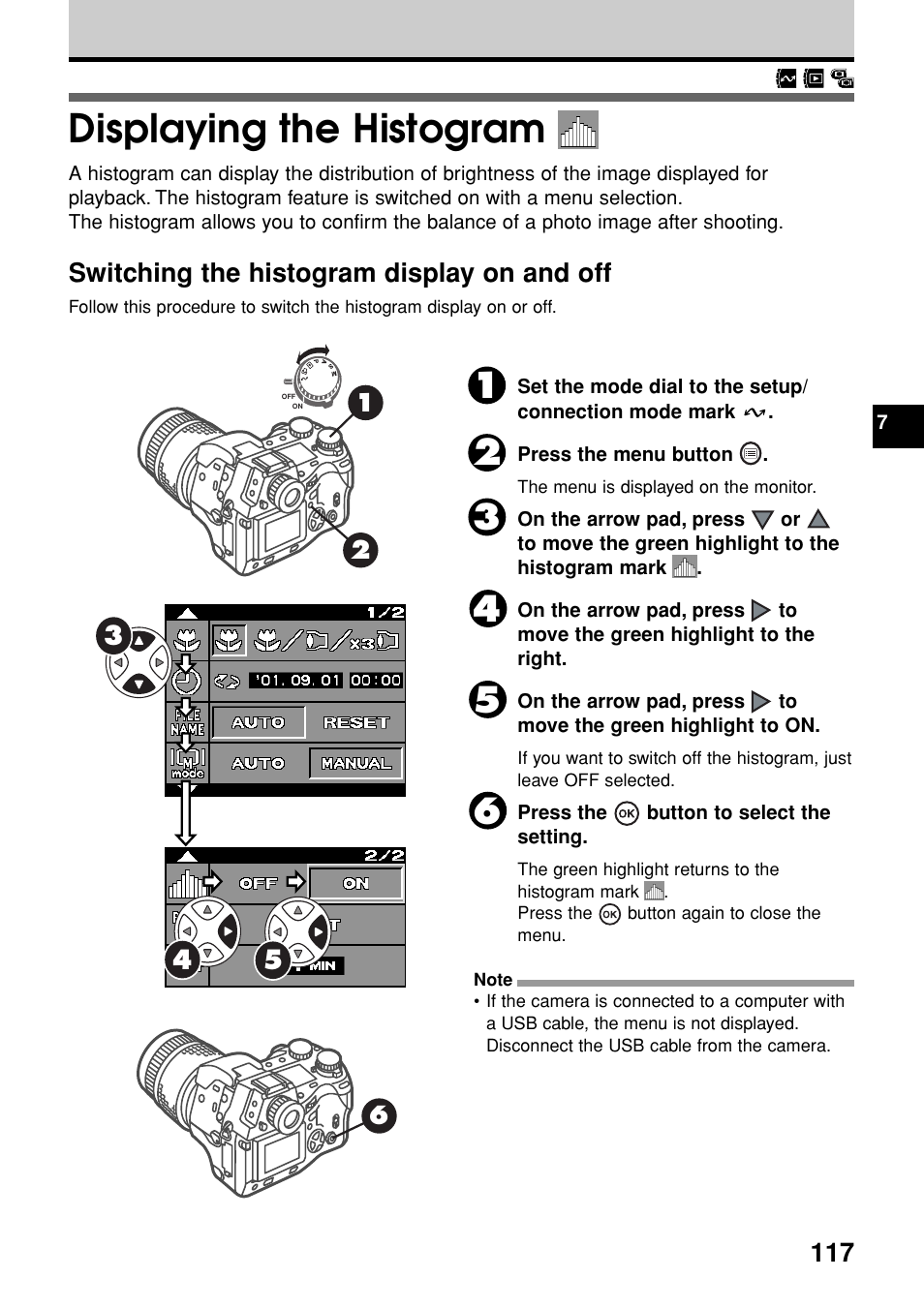 Displaying the histogram, Switching the histogram display on and off | Olympus E-20N User Manual | Page 119 / 216