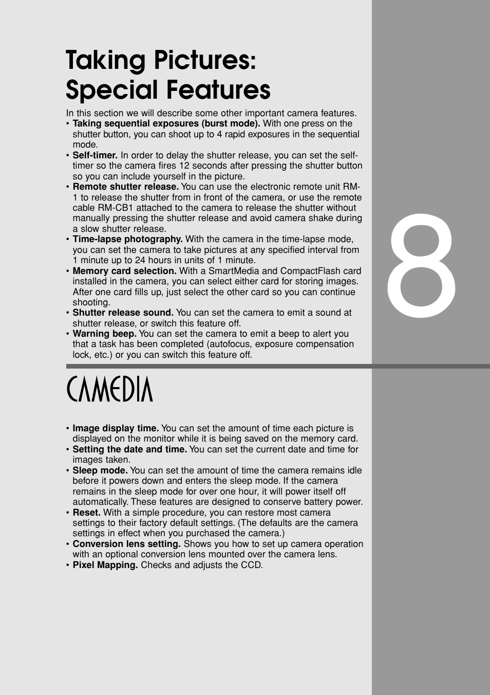 Taking pictures: special features, Special features | Olympus E-20N User Manual | Page 121 / 216