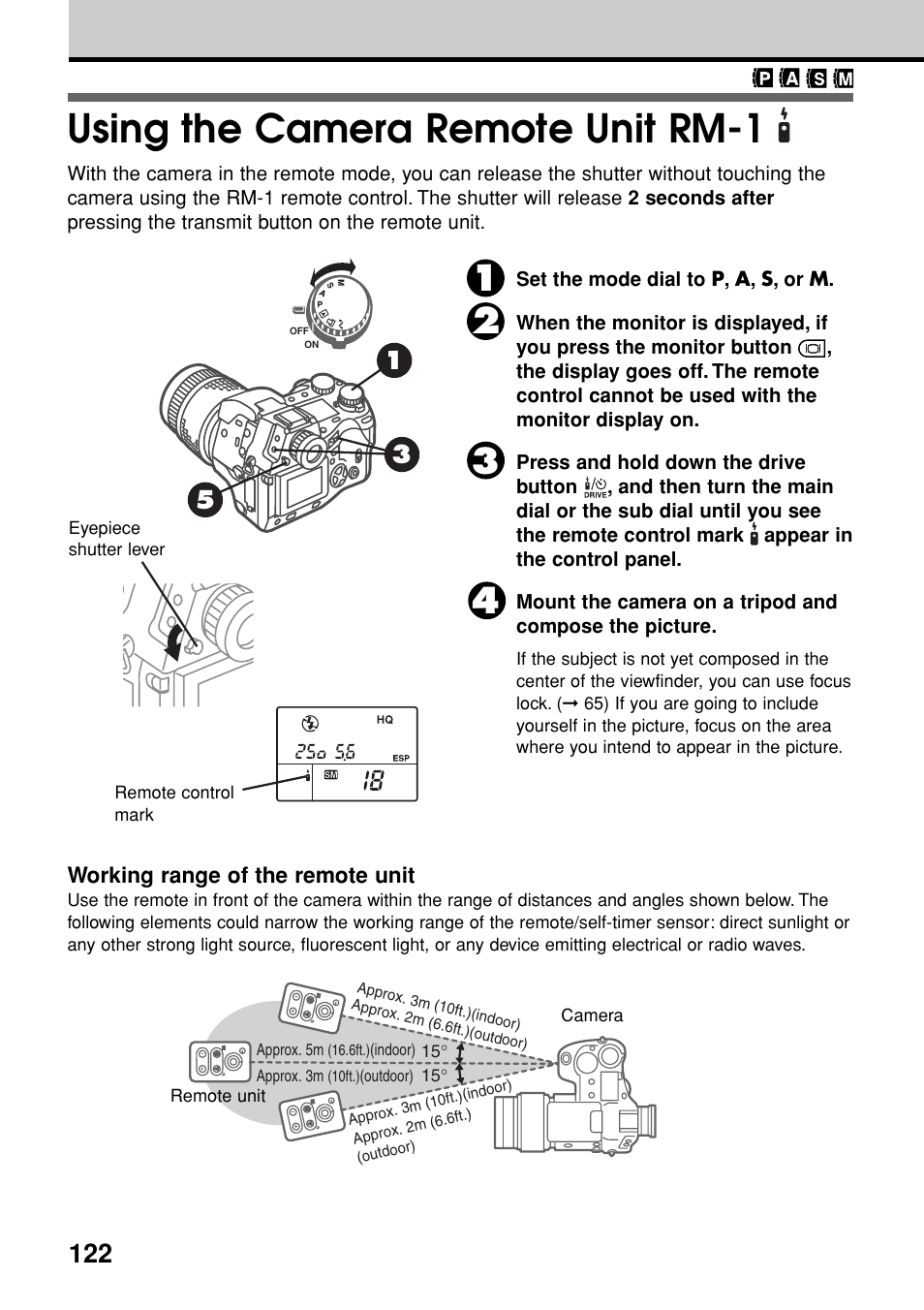 Using the camera remote unit rm-1, Working range of the remote unit | Olympus E-20N User Manual | Page 124 / 216