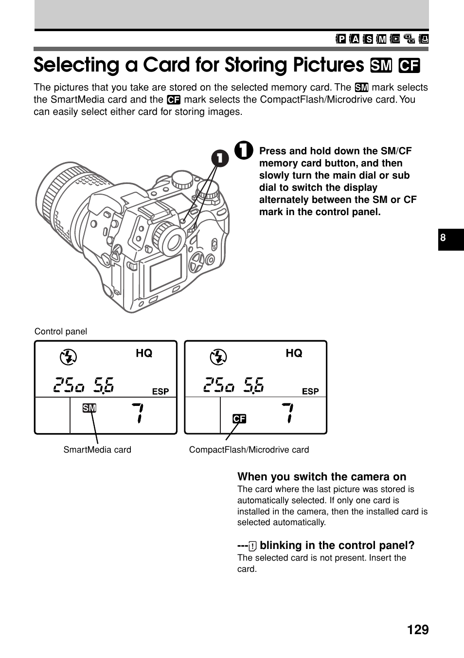 Selecting a card for storing pictures | Olympus E-20N User Manual | Page 131 / 216
