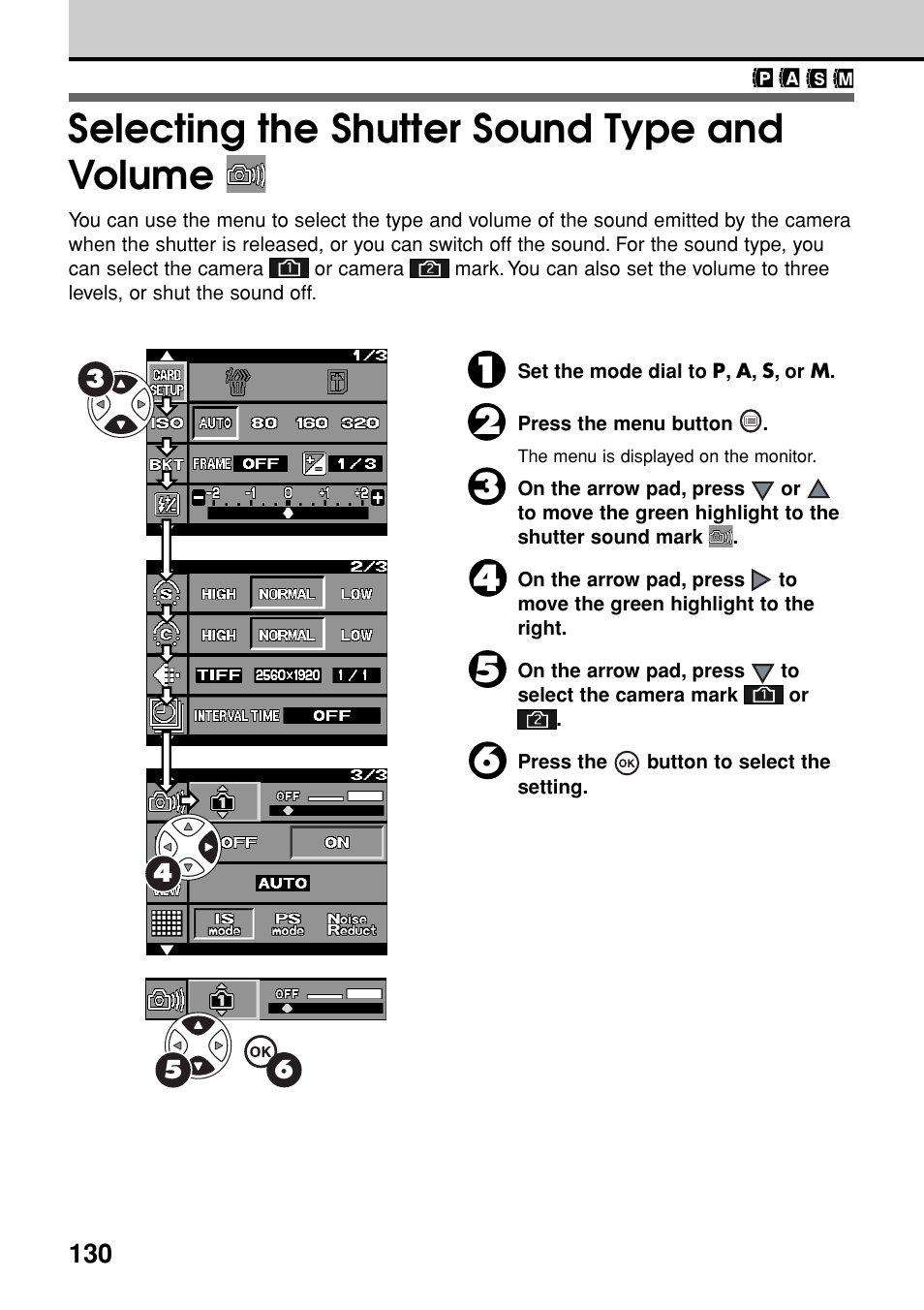 Selecting the shutter sound type and volume | Olympus E-20N User Manual | Page 132 / 216