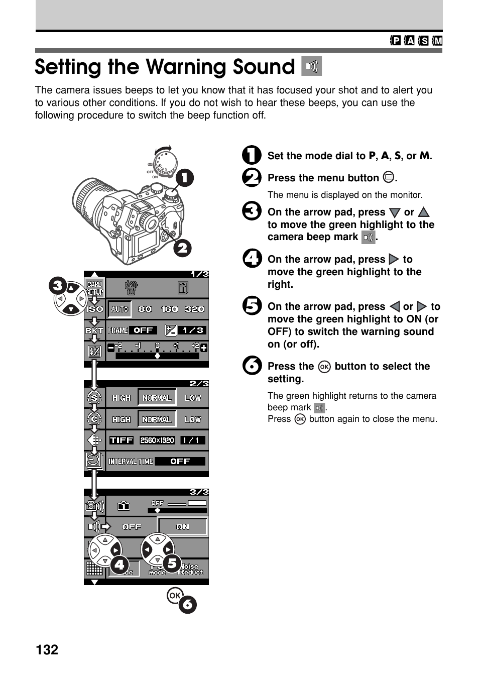 Setting the warning sound | Olympus E-20N User Manual | Page 134 / 216