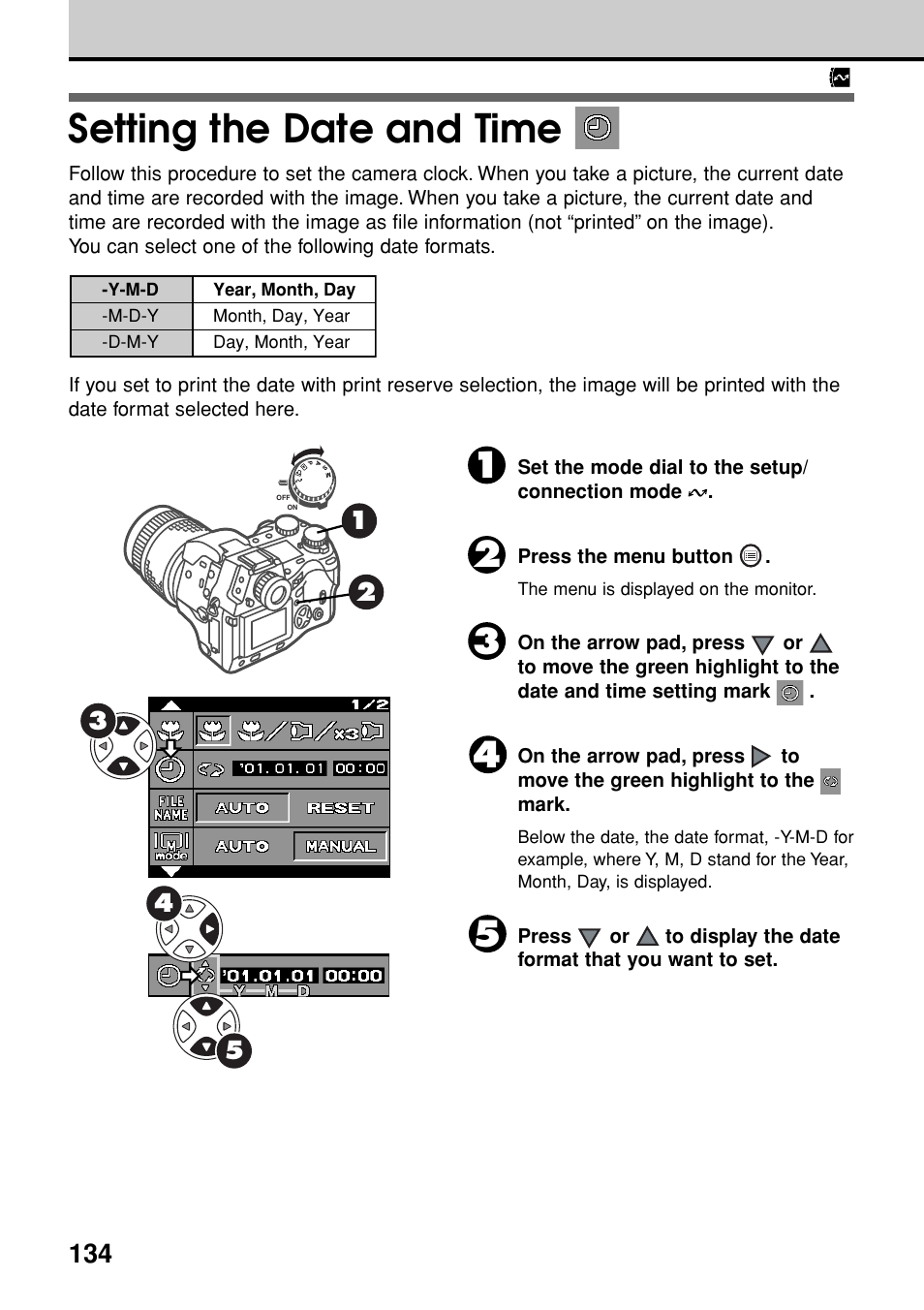 Setting the date and time | Olympus E-20N User Manual | Page 136 / 216