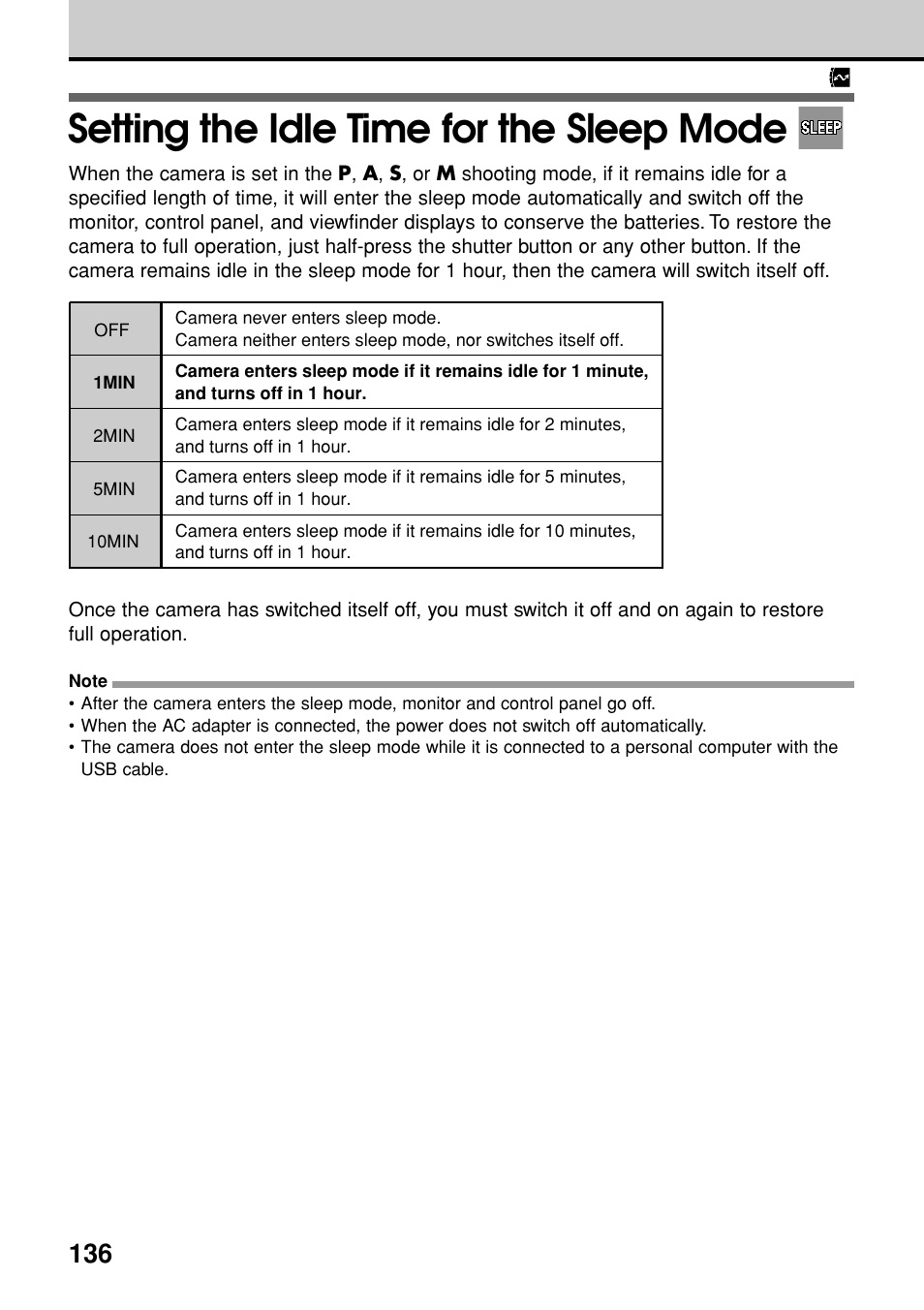 Setting the idle time for the sleep mode | Olympus E-20N User Manual | Page 138 / 216