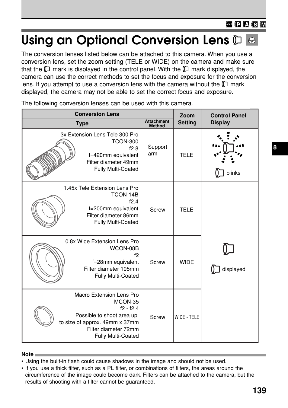 Using an optional conversion lens | Olympus E-20N User Manual | Page 141 / 216
