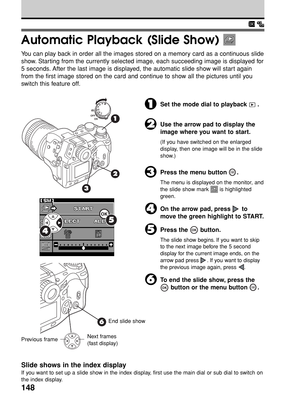 Automatic playback (slide show) | Olympus E-20N User Manual | Page 150 / 216