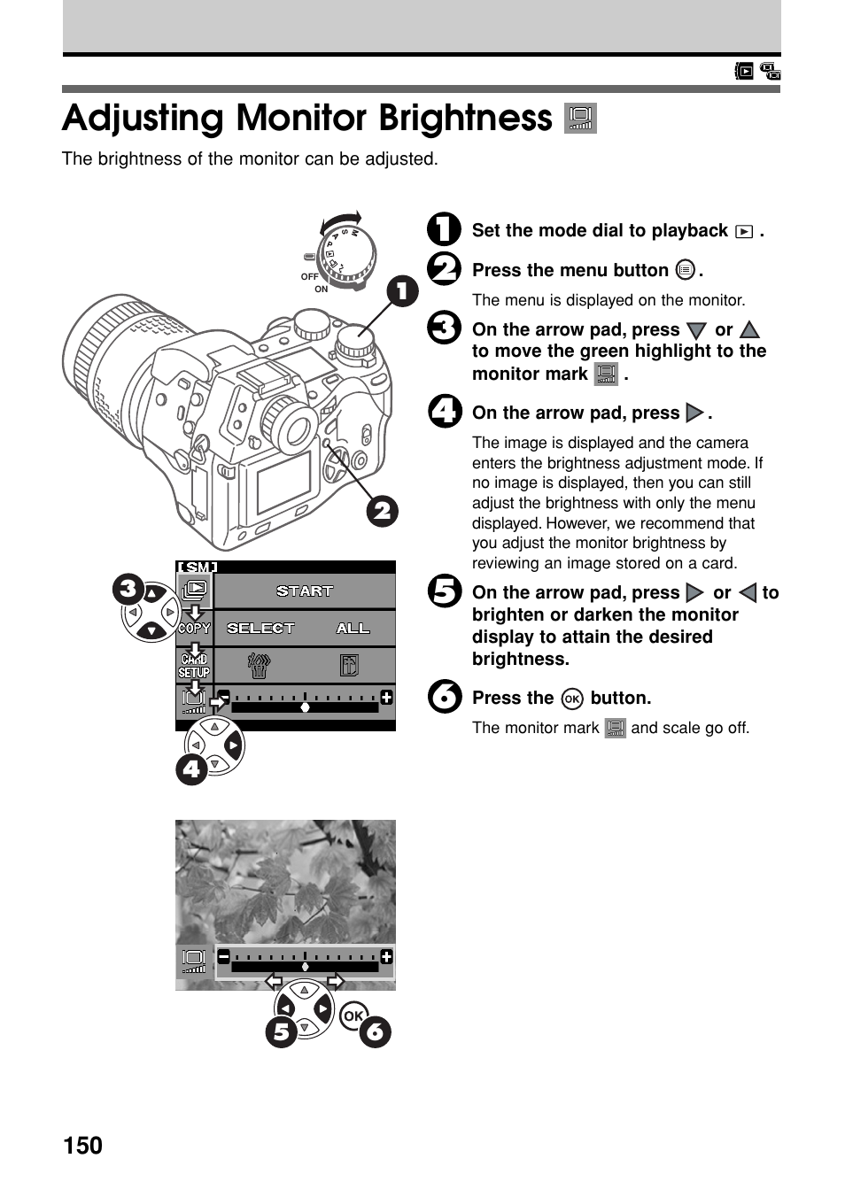 Adjusting monitor brightness | Olympus E-20N User Manual | Page 152 / 216
