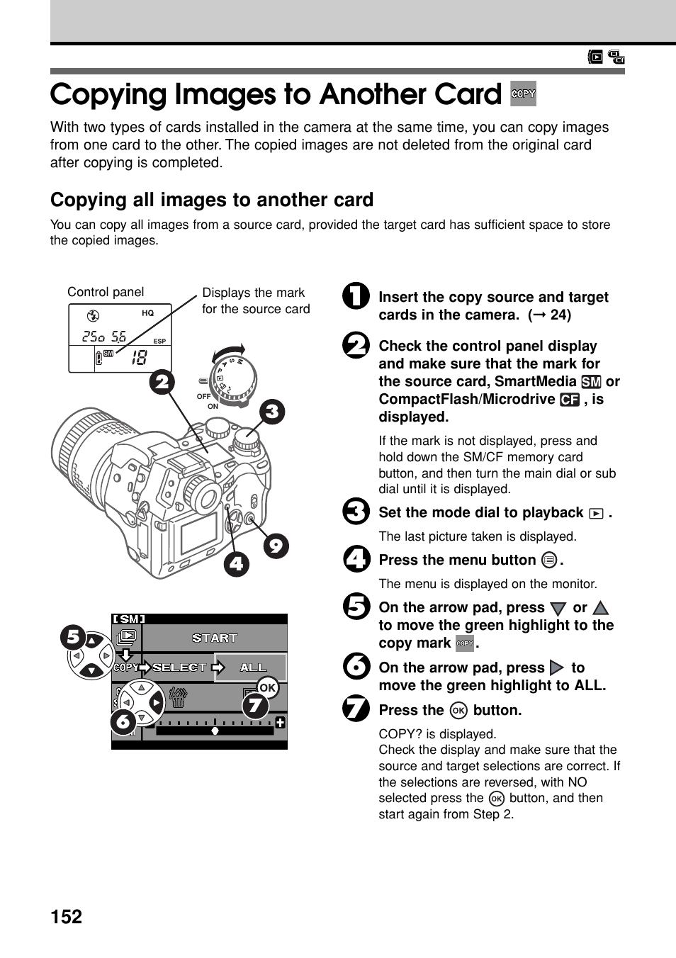 Copying images to another card, Copying all images to another card | Olympus E-20N User Manual | Page 154 / 216
