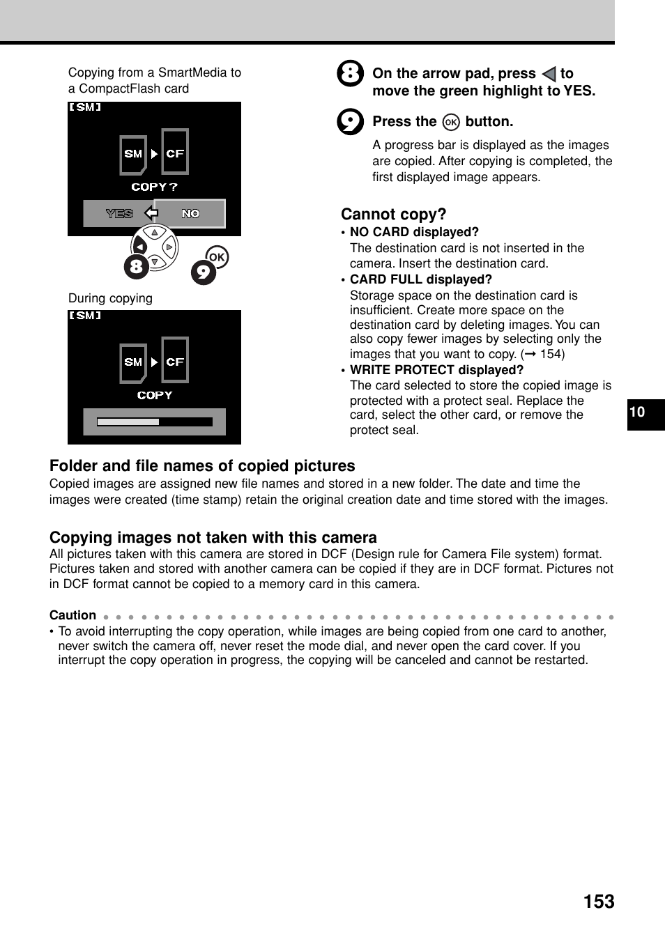 Cannot copy, Folder and file names of copied pictures, Copying images not taken with this camera | Press the button | Olympus E-20N User Manual | Page 155 / 216