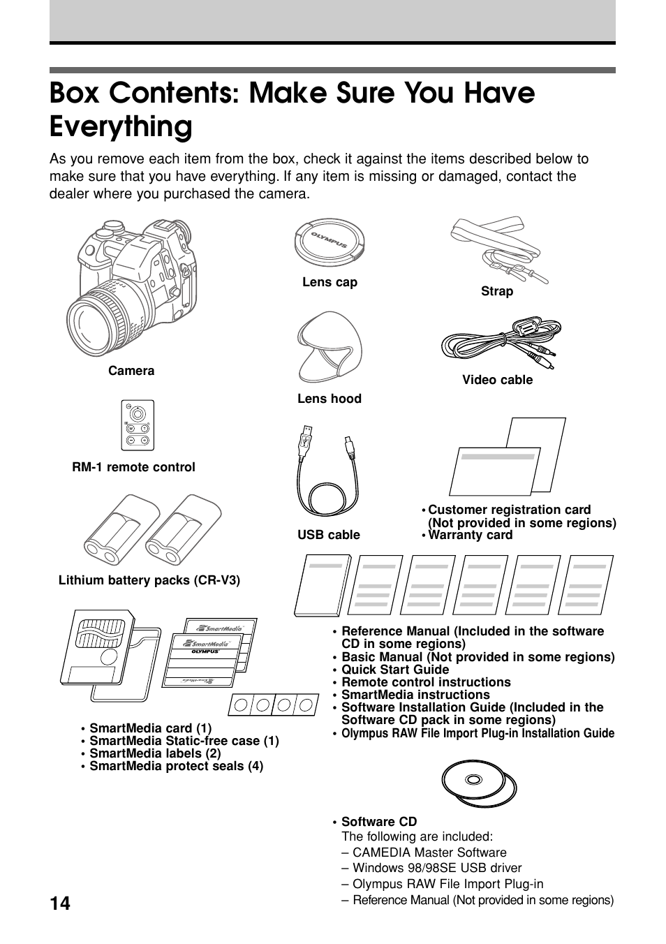 Box contents: make sure you have everything | Olympus E-20N User Manual | Page 16 / 216