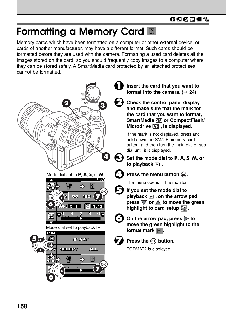 Formatting a memory card | Olympus E-20N User Manual | Page 160 / 216