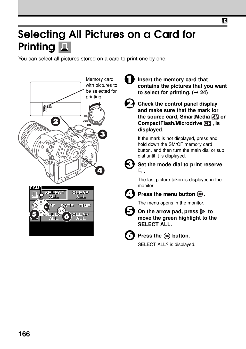Selecting all pictures on a card for printing | Olympus E-20N User Manual | Page 168 / 216