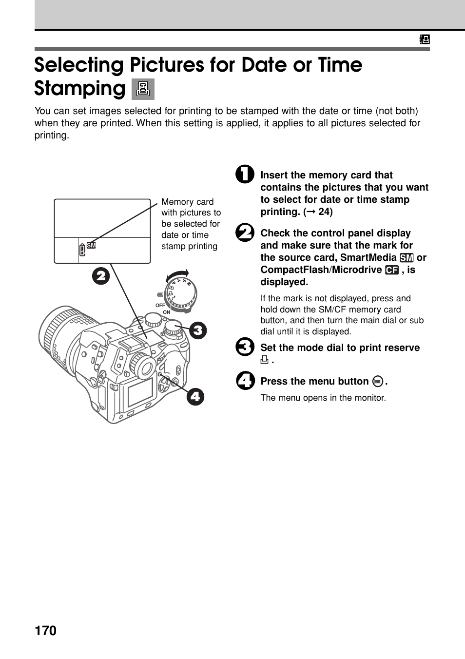 Selecting pictures for date or time stamping | Olympus E-20N User Manual | Page 172 / 216