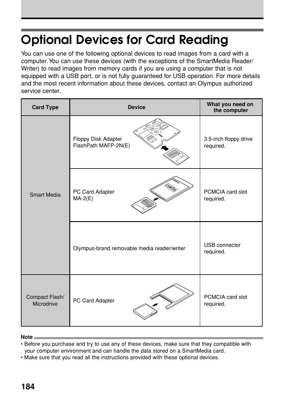Optional devices for card reading | Olympus E-20N User Manual | Page 186 / 216