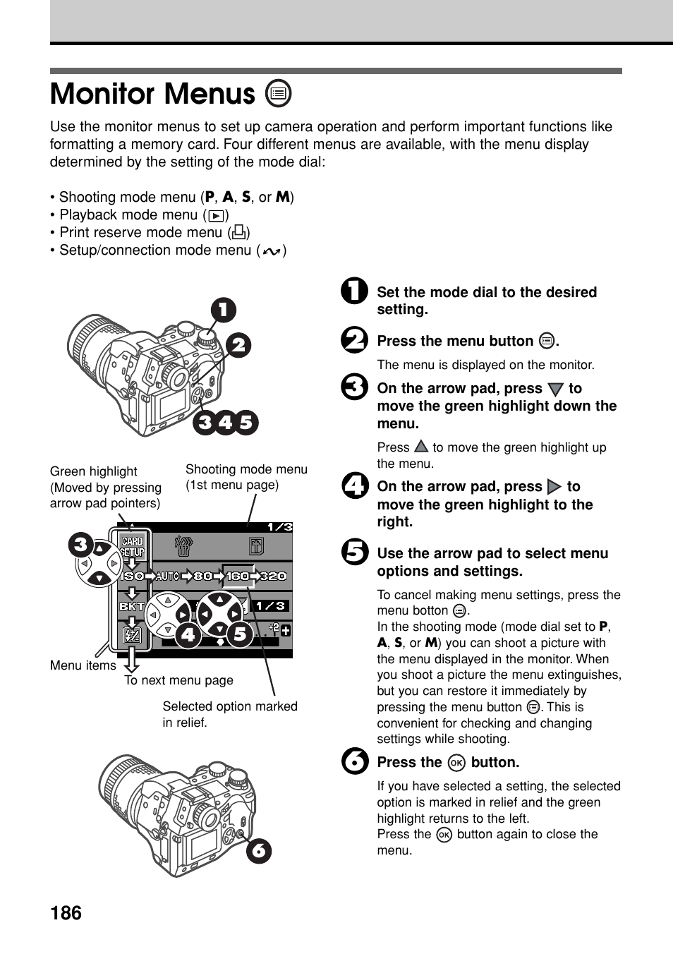 Monitor menus | Olympus E-20N User Manual | Page 188 / 216