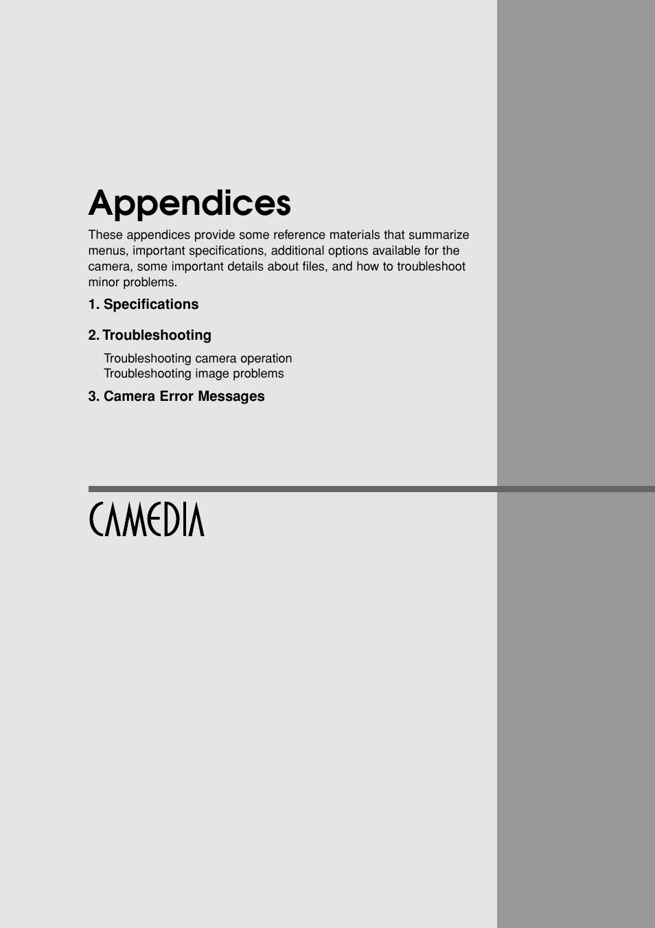 Appendices, Appendices*, glossary, index | Olympus E-20N User Manual | Page 191 / 216