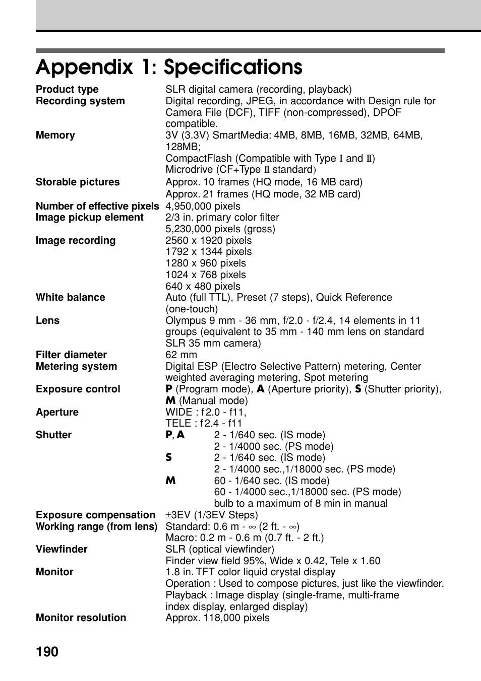 Appendix 1: specifications | Olympus E-20N User Manual | Page 192 / 216