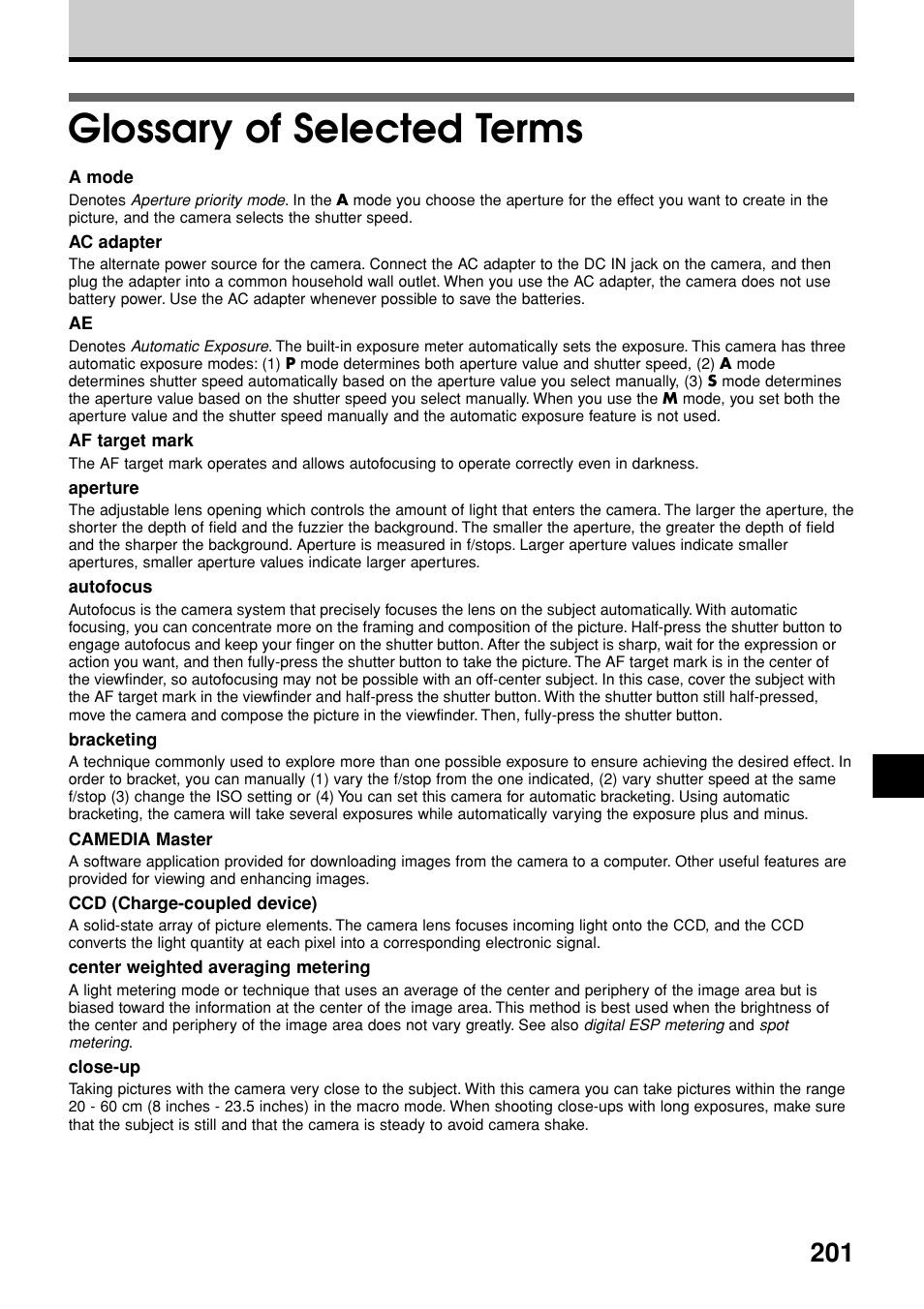 Glossary of selected terms | Olympus E-20N User Manual | Page 203 / 216